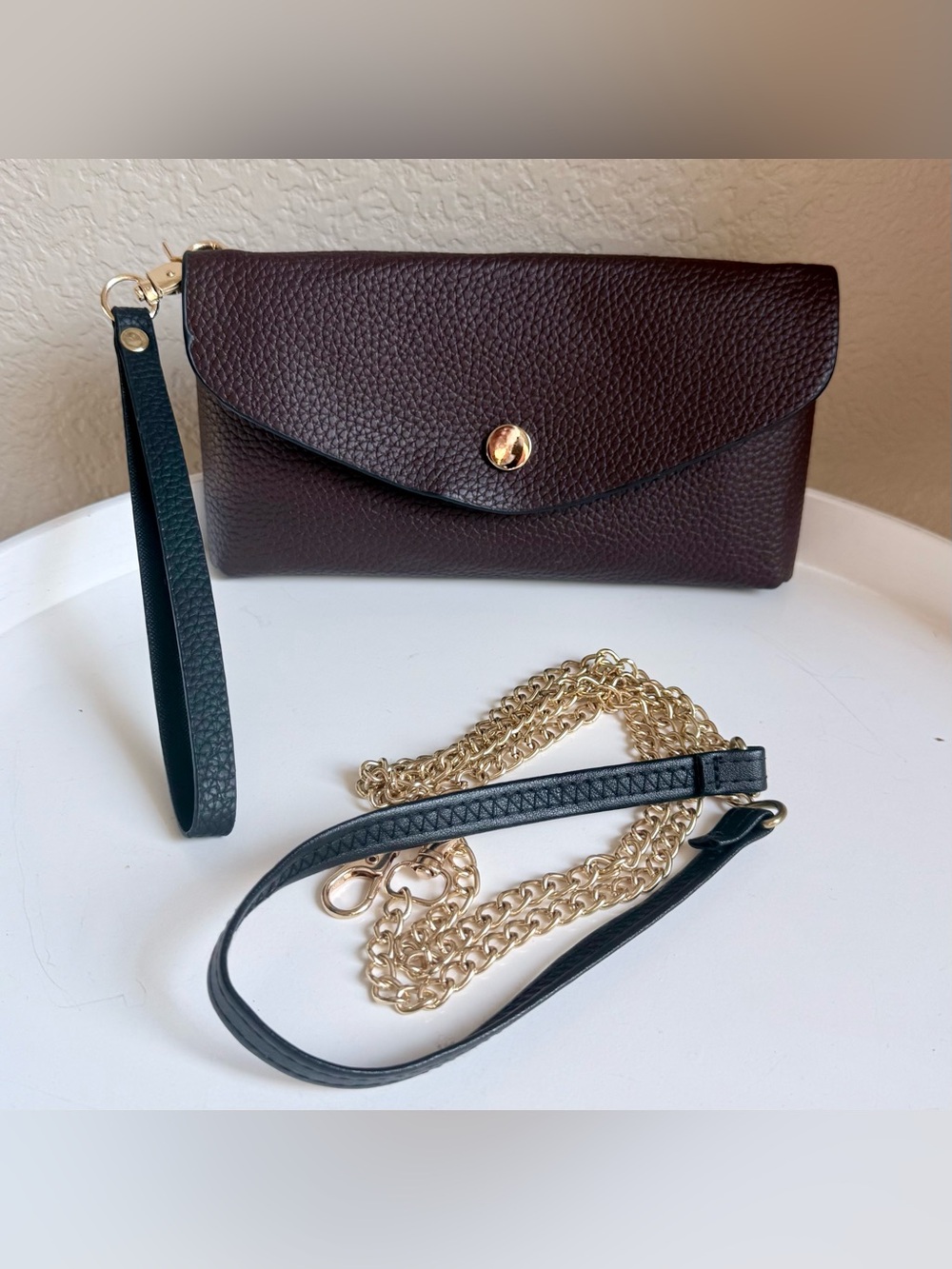 Convertible Pebbled LeatherPhone Envelope Wallet Chocolate Brown w/Gold Hardware